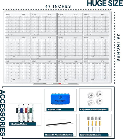J&J worldwide Glass Whiteboard Yearly Calendar - 35" X 47" Large Wall Whitrboard - White Board Dry Erase Planner for Wall Home, School, Office
