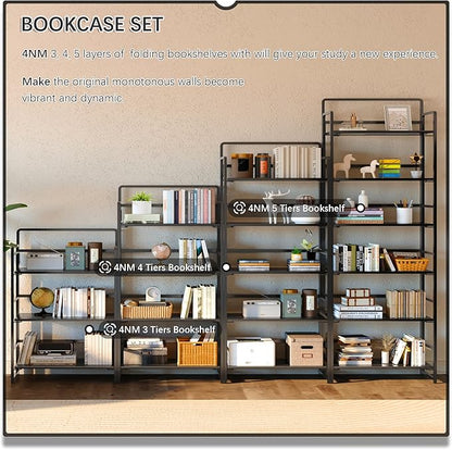 4NM No Assembly 6 Tiers Folding Bookshelf Storage Shelves Vintage Bookcase Standing Racks Study Organizer Home Office (All Black)
