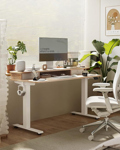 FEZIBO 60 x 24 Inch Height Adjustable Electric Standing Desk with Double Drawer, Stand up Home Office Computer Desk with 4 Height-Adjustable Feets & 2 Hooks, Maple