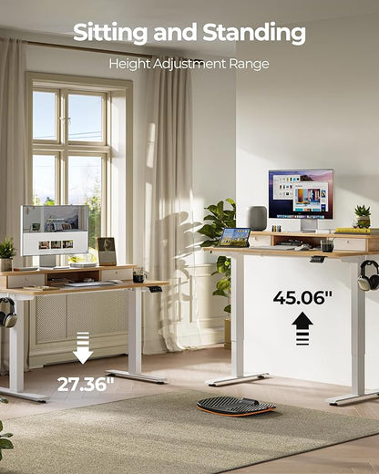 FEZIBO 60 x 24 Inch Height Adjustable Electric Standing Desk with Double Drawer, Stand up Home Office Computer Desk with 4 Height-Adjustable Feets & 2 Hooks, Maple