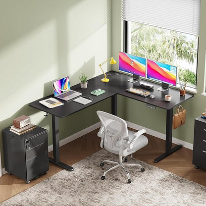 DEVAISE L Shaped Standing Desk Adjustable Height, Dual Motor Electric Corner Standing Desk, 63x55 inch Sit Stand up Home Office Desk with Splice Board, Black