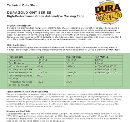 Dura-Gold Green Automotive Masking Tape 1/2 Inch (12mm x 55 Yards), Case of 72 Rolls - Premium High-Performance, Heat Resistant - Auto Refinish Painting, Car Detailing, Autobody Repair, Painters Tape