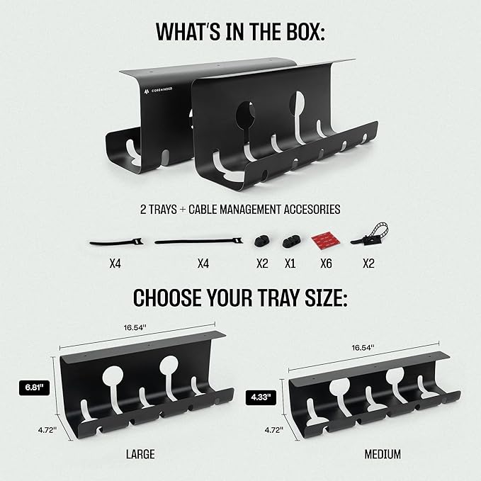 No-Drill Under Desk Cable Management Tray - 2-Pack Wire Organizer for Standing Desk - Cord Management System with Power Strip Holder - L