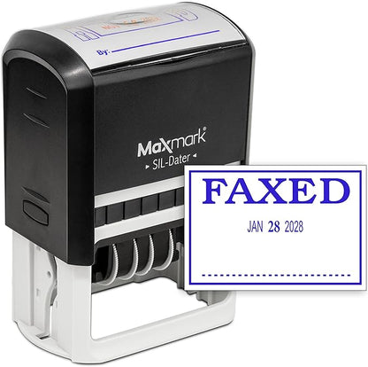 MaxMark Large Self-Inking Rubber Date Office Stamp with Faxed Phrase & Date - Blue Ink, 12-Year Band - Style 3