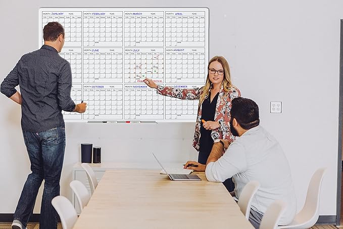 J&J worldwide Glass Whiteboard Yearly Calendar - 35" X 47" Large Wall Whitrboard - White Board Dry Erase Planner for Wall Home, School, Office