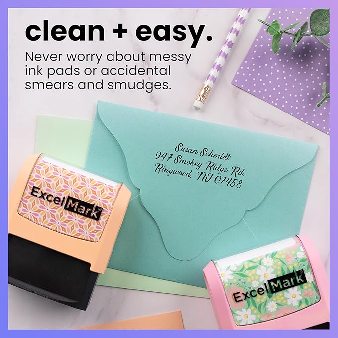 ExcelMark Address Stamp - Custom Return Address Stamp with Elegant Designs, Vibrant Colors & Patterns – Perfect for Mail, Invitations & Gifts (Pink Mount, Custom)