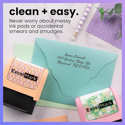 ExcelMark Address Stamp - Custom Return Address Stamp with Elegant Designs, Vibrant Colors & Patterns – Perfect for Mail, Invitations & Gifts (Pink Mount, Custom)