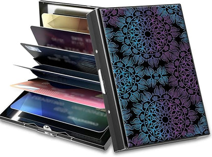 BWEGRHE Slim Credit Card Holder, Purple Blue Mandala RFID Blocking Metal Wallet for Men & Women, Aluminum Minimalist Hard Case Pocket-Sized Business Cards Organizer (Fits Up to 10 Cards)
