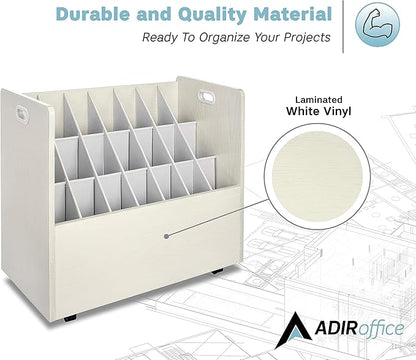 AdirOffice Adir Blue Print Storage Organizer - Mobile Roll File Cart, Construction Plan Holders, Blueprint Cabinet with Wheels, Roll Files Storage for Office and Home (21 Slots, White)