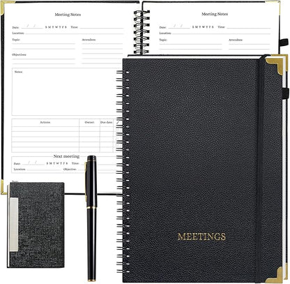 Meeting Notebook Set for Work – 3 Piece PU Leather Business Notebook with Pen & Card Holder, Professional Planner 7”x10”, Black with Gold Corners