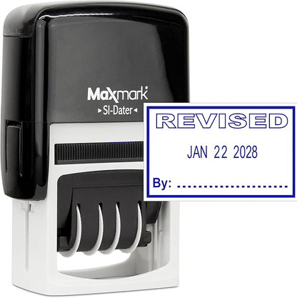 MaxMark Office Self Inking Date Stamp with Phrase Revised - Blue Ink