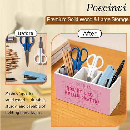 Trendy Retro Pink Pen Holder for Home Office Desk, Pink Girly Office Decor, You're Like Really Pretty Guest Check Wooden Box Sign Pencil Holder for Desk Shelf Organizer
