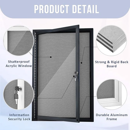 Homezelle Enclosed Bulletin Board 36"x24" Outdoor Weatherproof Cork Noticeboard with Locking Door Wall-Mounted Gray Fabric Black Aluminium Frame for Home, School, Office, Community, Hospital