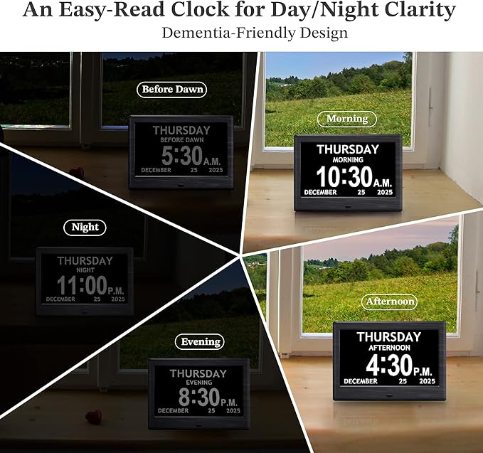 7'' Dementia Clock For Seniors, Large Display Digital Clock With Date, Time, Day Of Week for Elderly, Alzheimer, 1024*600P HD, 10 Reminders & 7 Alarms, Auto Dimming & DST, Remote Control, Woodgrain