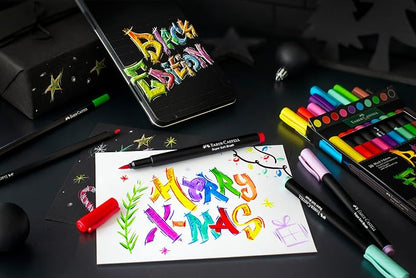 Faber-Castell Black Edition Felt Tip Pen with Soft Brush Nib, Markers for Adult Coloring Lettering Drawing, Artists Calligraphy Tool (Pack of 60)
