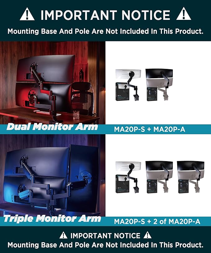 ULTRARM Heavy Duty Extension Arm [Accessory Only - Requires MA20P-S Single Monitor Arm for Use] Dual 49" Vertical Stacked Monitor Mount Height Adjustable - 100x100 VESA Mount, Black, MA20P-A