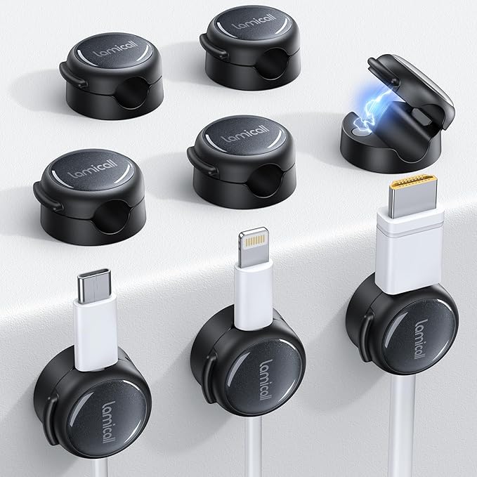 8Pack Magnetic Cord Organizer Cable Clips - Lamicall [Crystal-Clear] Desk Cable Managment for Phone Charging Cord, Adhesive Wire Holder for Home Office Desk Nightstand, Christmas Organizer Accessories
