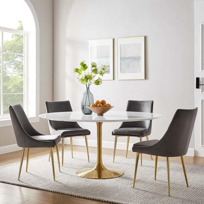 60" Mid-Century Modern Dining Table with Round White Top and Pedestal Base in Gold White