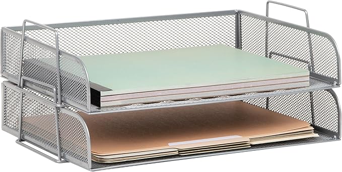 Mind Reader Stackable Paper Tray, Desktop Organizer, File Storage, Office, Metal Mesh, 13.25" L x 9.75" W x 6.25" H, 2 Pcs., Silver