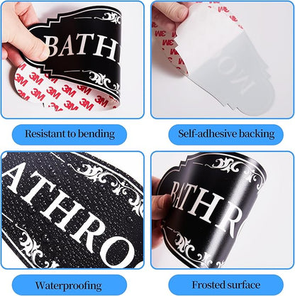 Bathroom Sign Sticker for Business and Home，Self-adhesive Cute Bathroom Decor for Door，Waterproof Vinyl Restroom Sign for Home，Office，Shop（Black）
