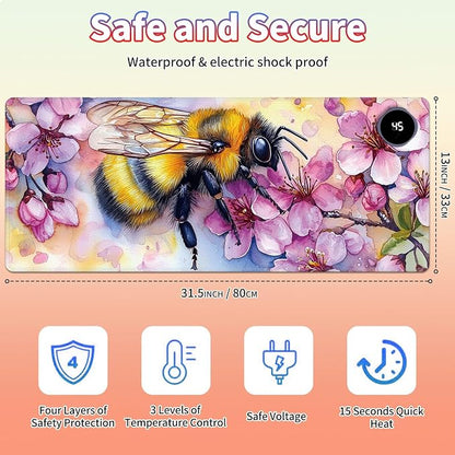Heated Desk Pad Large Mouse Pad 31.5 x 13 inch with 3 Levels Heating & Auto Shut-Off Warm Mouse pad PU Leather Computer Mousepad for Home Office Work - Cherry Blossom and Bee