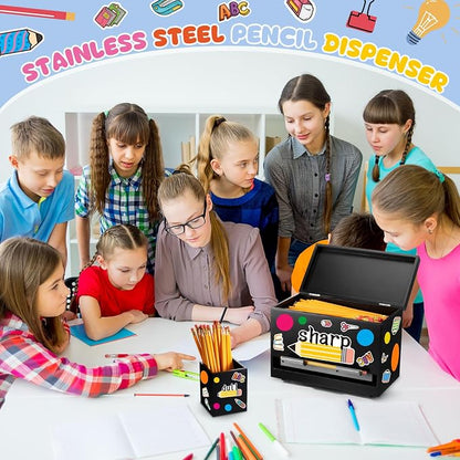 Mifoci 8 Pcs Wooden Pencil Dispenser Kit for Classroom Wooden Pen Holder Straw Dispenser Sharp and Dull Letter Stickers for Teachers Classroom Supplies Storage(Black)