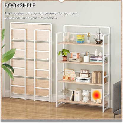 4NM No Assembly Extra Wide 4 Tiers Folding Bookshelf Storage Shelves Vintage Bookcase Standing Racks Study Organizer Home Office (Natural White)