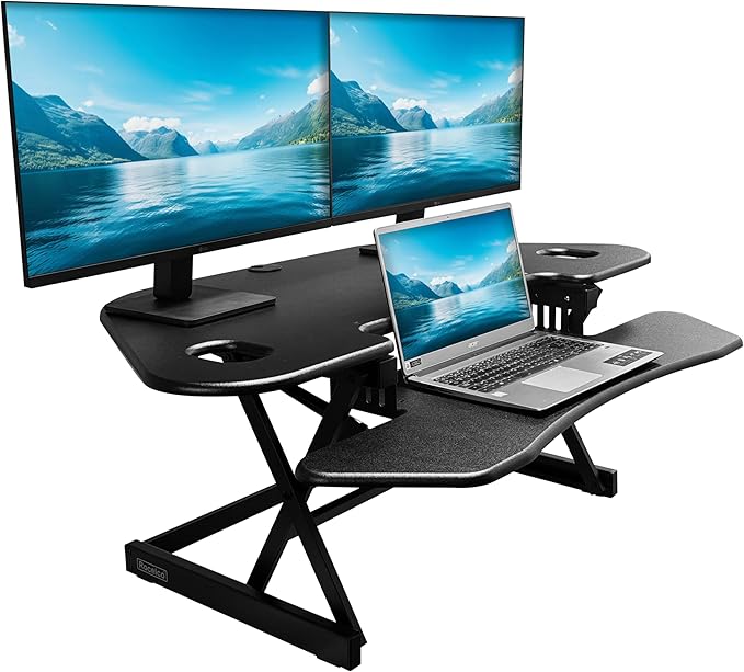 Rocelco 46" Height Adjustable Corner Standing Desk Converter - Quick Sit Stand Up Dual Monitor Riser - Gas Spring Assist Tabletop Computer Workstation - Large Keyboard Tray - Black (R CADRB-46)