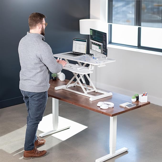 VIVO 36 inch Desk Converter, K Series, Height Adjustable Sit to Stand Riser, Dual Monitor and Laptop Workstation with Wide Keyboard Tray, White Dry Erase, DESK-V036KWE