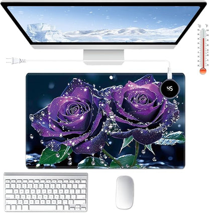 Heated Desk Pad Large Mouse Pad 23.6 x 14.1 inch with 3 Levels Heating & Auto Shut-Off Warm Mouse pad PU Leather Computer Mousepad for Home Office Work - Purple Rose Flower