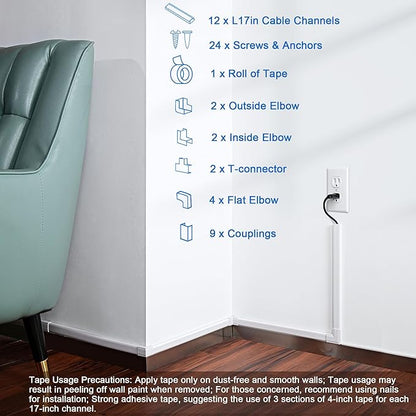 204in Wall Cable Hider, Cord Hider to Hide 2-3 Cords, TV Wire Hider for Wall, Cable Management Kit, Cable Raceway White, Paintable Cable Concealer, 12 x L17in W0.98in x H0.5in