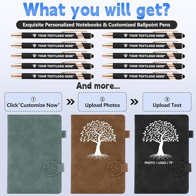 ENOMY Personalized Notebook & 10 PC Pens Set Custom Notebook 200 Pages A5 Leather Journal for Men Women Hardcover Notebooks for Office College Graduation New Year Gifts, Grey