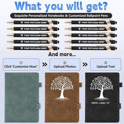 ENOMY Personalized Notebook & 10 PC Pens Set Custom Notebook 200 Pages A5 Leather Journal for Men Women Hardcover Notebooks for Office College Graduation New Year Gifts, Grey