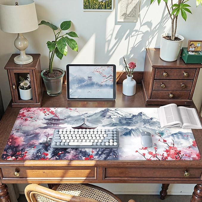 iCasso Desk Protector Mat, Large Japanese Mouse Pad, Stable Rubber Base Mousepad with Stitched Edges, Keyboard Mouse Mat Desk Pad for Work, Game, Office, Home(Sakura)