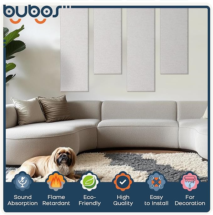 BUBOS 2 PCS Acoustic Panels,47.2''x11.8'' Fabric Soundproof Wall Panels,Self-adhesive Sound Absorbing Panels for Studios, Office, Home Theater, Fabric-Clad-N Linen