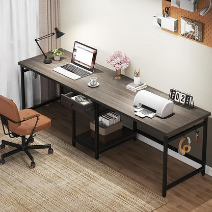 Tribesigns 79 Inch Extra Long Desk, Two Person Desk with 2 Drawers, Double Computer Table with Storage Shelves, Writing Table for Home Office, Grey