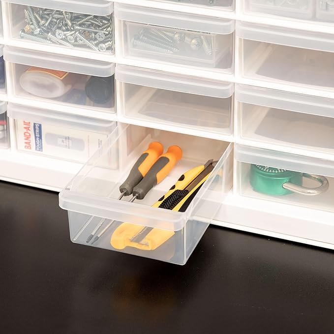 IRIS USA Plastic Drawer Storage Organizer, 24-Drawer Teacher Toolbox Bead Small Parts Organizer Cabinet for Hardware Crafts Nuts Bolts Tools Sticker Home Business Scrapbook Art Hobby Garage - White