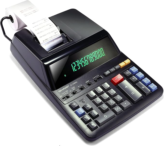 Sharp 12-Digit Print Calculator Desktop Size Adding Machine, Perfect for Everyday Use and Office, Bright, Large Easy-to-Read Numbers on Both The Display and The Two-ColorPrinted Tape (EL2196BL)