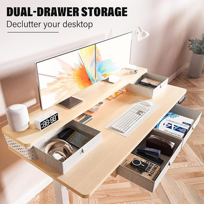 Kingant 48 x 24 Inch Electric Standing Desk with 4 Drawers, Height Adjustable Sit to Stand Computer Desk with Storage Shelf and C-Clamp Mount Compatibility for Home Office, Nature