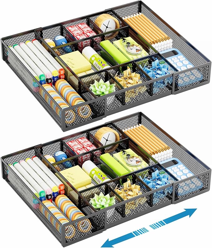 Marbrasse Expandable Desk Drawer Organizer, Mesh Drawer Organizer Tray with 10 Adjustable Compartments, Desk Organizers and Accessories for Office Supplies, Makeup & Vanity (Expandable Black-2 pack)