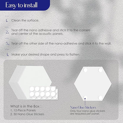 Reverbeon Hexagon Acoustic Panels Pack of 12 - Soundproofing Wall Panels with Nano Double-Sided Tape, White Polyester Sound Absorbing & Noise Reducing Panels 14x12x0.4In for Studio Home Office Walls