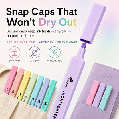 10 Aesthetic Bible Highlighters - Chisel Tip Liquid Ink Marker | Pen with Snap Caps for Clean Highlighting - Assorted Colors, No Bleed & Quick Dry - Bible Marker for Journaling & Studying
