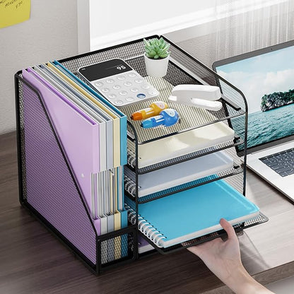 Marbrasse Desk Organizers and Accessories, 5-Tier Paper Letter Tray Organizer with File Holder, Mesh File Organizer, Office Desk Accessories & Organization for Supplies (Black)
