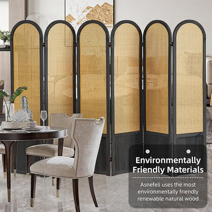Asnefeli Room Divider 4 Panels, Folding Privacy Screen, Foldable Wood Rattan Room Divider Panel, Portable Partition Screen, Wall Divider for Room Separation Bedroom Home Office Garden Terrace (Black)