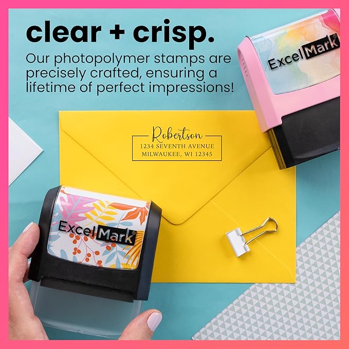 ExcelMark Address Stamp - Custom Return Address Stamp with Elegant Designs, Vibrant Colors & Patterns – Perfect for Mail, Invitations & Gifts (Black Mount, Signature Frame)