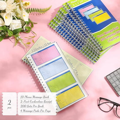 Sinmoe 2 Pcs Spiral Bound Phone Message Book with Carbon Copy 5-1/2" x 11" 2 Part Colorful Carbonless Telephone Message Pads Duplicate Spiral Phone Call Log Book for Business Office