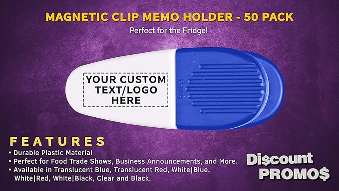 50 Magnetic Memo Holders Set - Customizable Text, Logo - Large Clip, Plastic - White Blue