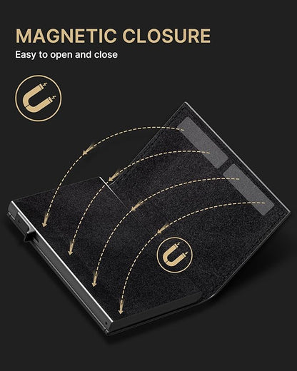 typecase Mens Wallet Card Holder: Pop Up Aluminum Case, Genuine Leather, Smart, RFID Blocking, Slim, Minimalist, Front Pocket - 9-14 Card Capacity | ID Window | Cash Slot - Oil Wax Black