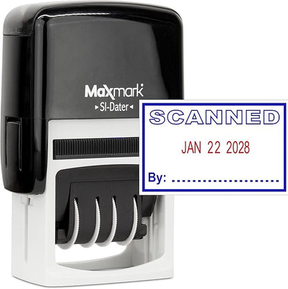 MaxMark Office Self Inking Date Stamp with Phrase Scanned - 2 Color Blue/Red Ink