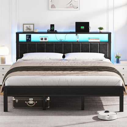 King Bed Frame with Charging Station & LED Lights, Modern Platform Bed with Upholstered Storage Headboard, No Box Spring Needed Noise Free